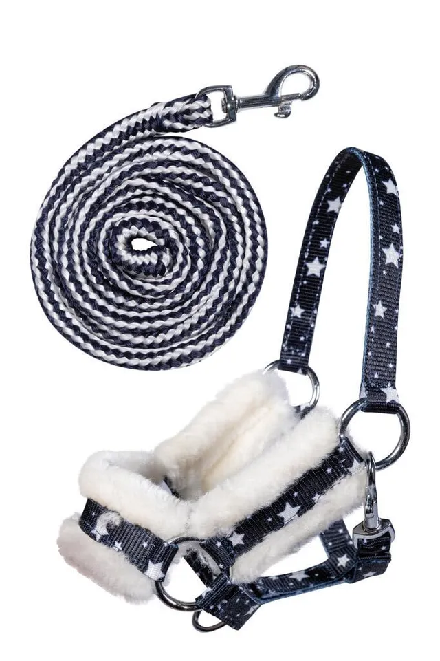 hkm-hobby-horse-halfterset-stars-navy-spielzeughalfter-mit-strick image 1